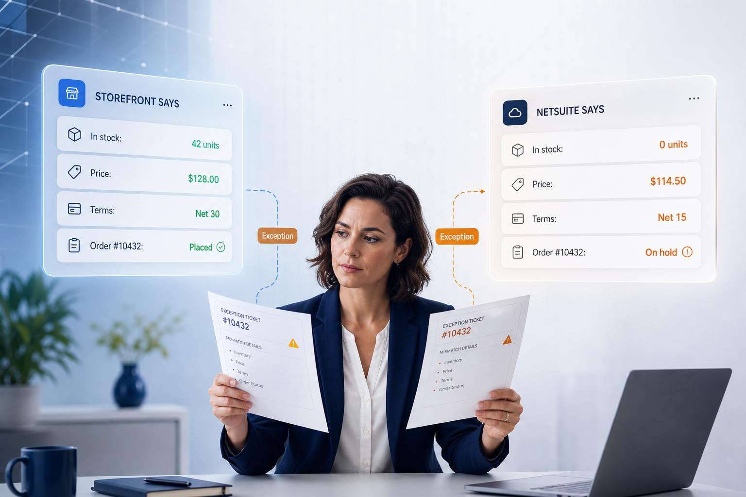 Storefront and NetSuite showing conflicting inventory, price, and order data while a team member reconciles the exception tickets between them